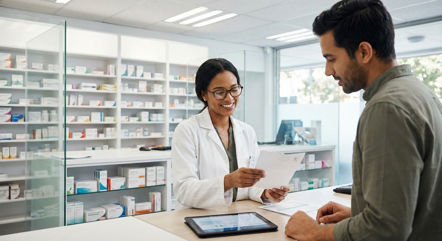 Pharmacist reviewing a prescription in a modern pharmacy representing the availability of suzetrigine Journavx for acute pain management