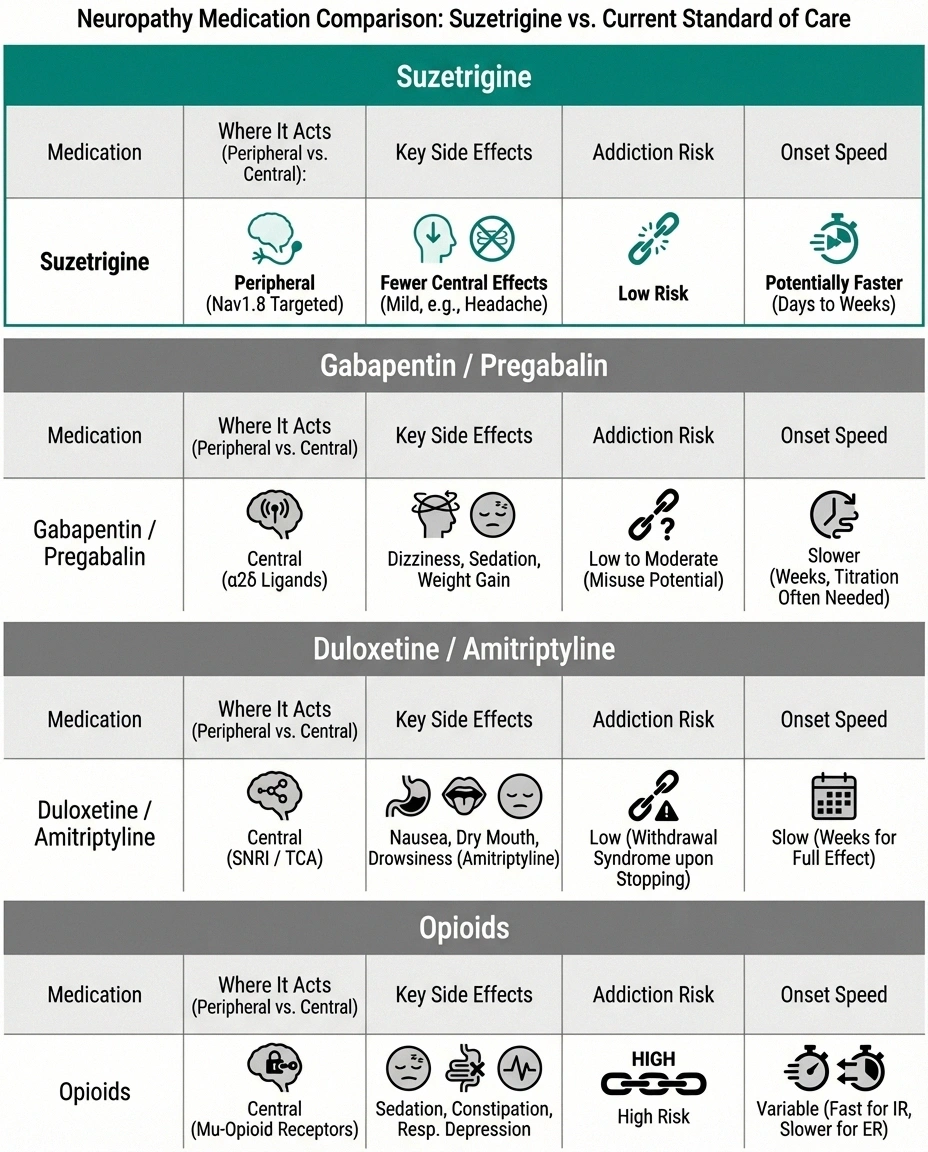Comparison infographic of suzetrigine versus current neuropathy pain medications including gabapentin pregabalin duloxetine and opioids showing mechanism and side effect differences