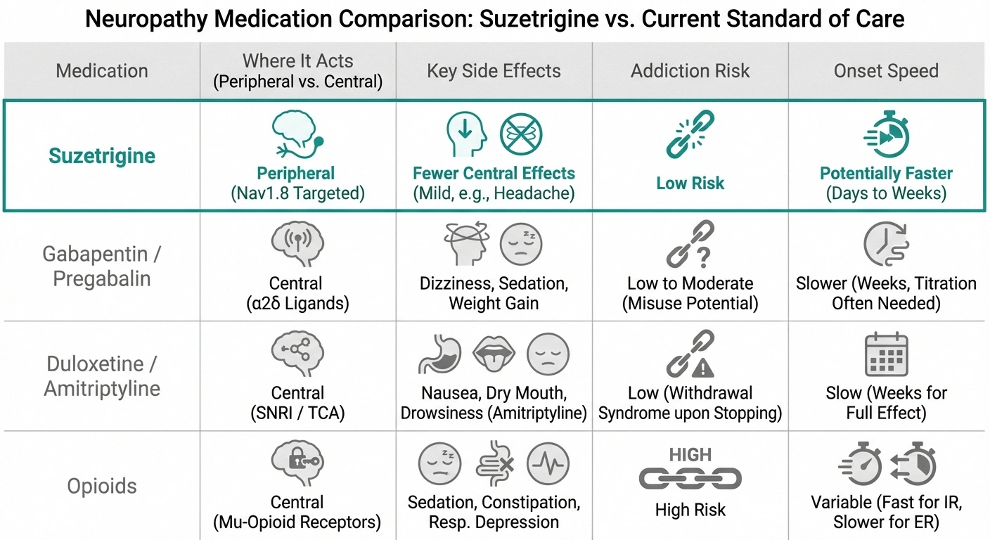 Comparison infographic of suzetrigine versus current neuropathy pain medications including gabapentin pregabalin duloxetine and opioids showing mechanism and side effect differences
