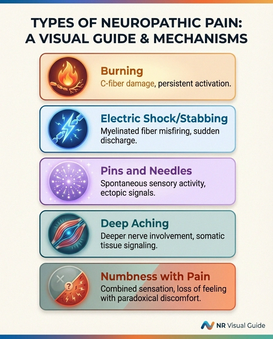 Infographic explaining five types of neuropathic pain including burning, electric shock, pins and needles, deep aching, and the paradox of numbness with pain