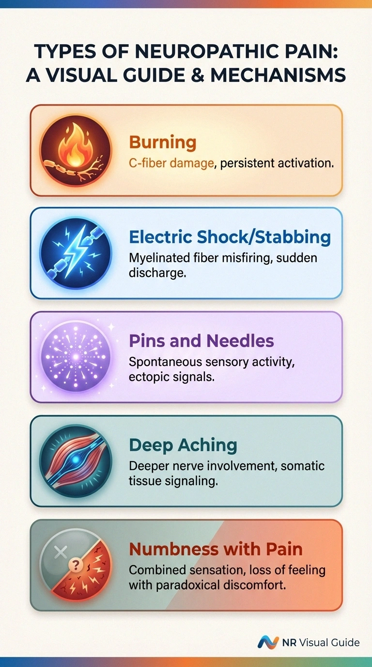 Infographic explaining five types of neuropathic pain including burning, electric shock, pins and needles, deep aching, and the paradox of numbness with pain