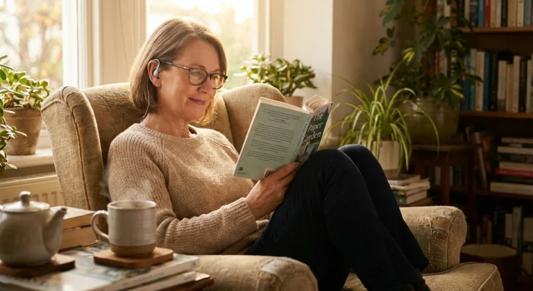 Patient using a transcutaneous auricular vagus nerve stimulation device at home as part of her neuropathy management routine