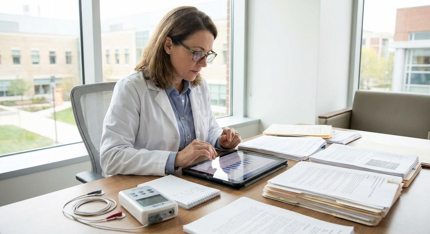 Researcher reviewing data from a clinical trial of vagus nerve stimulation for peripheral neuropathy