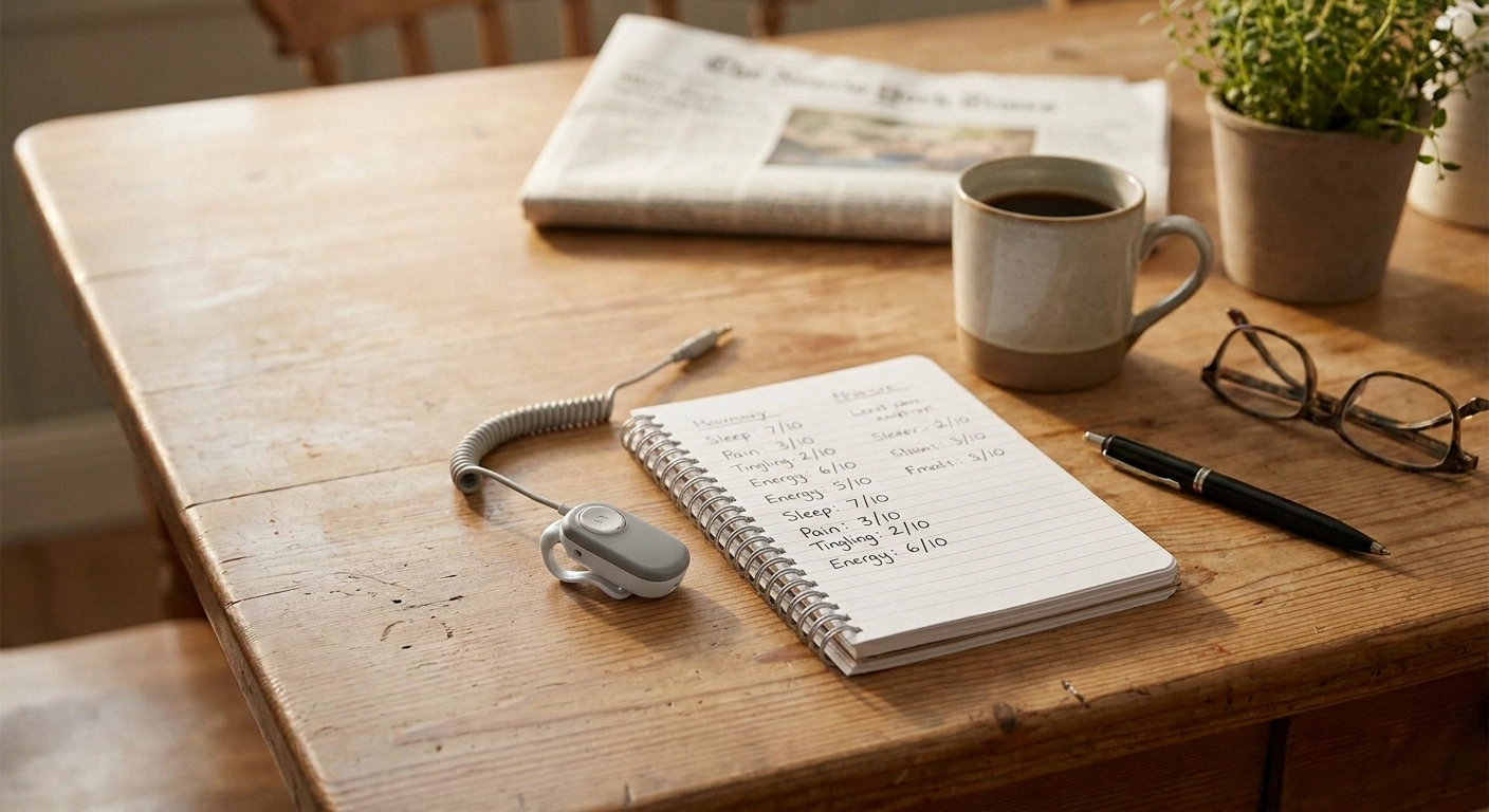 A taVNS device beside a handwritten symptom diary as part of a structured 6-8 week trial protocol