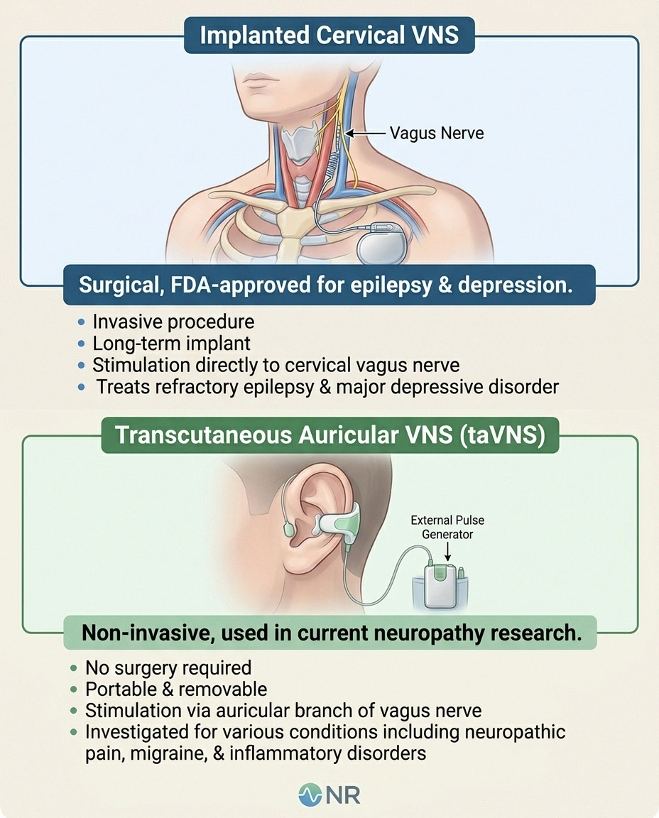 Side-by-side comparison of implanted cervical VNS versus non-invasive transcutaneous auricular VNS devices