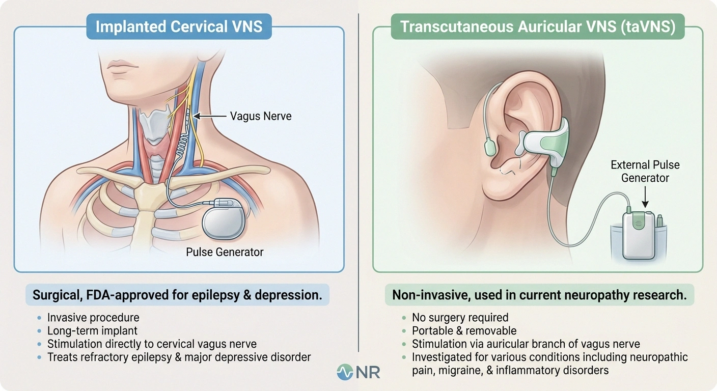 Side-by-side comparison of implanted cervical VNS versus non-invasive transcutaneous auricular VNS devices