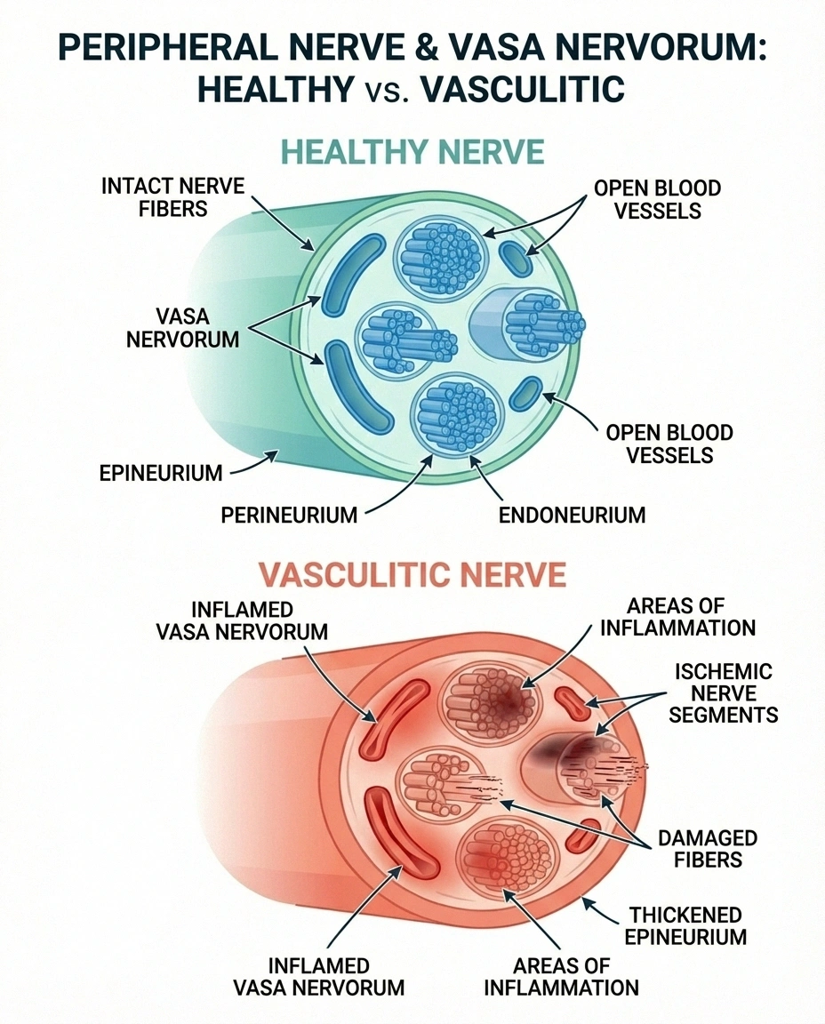 Infographic comparing healthy nerve blood supply versus vasculitic nerve with inflamed blood vessels and ischemic damage