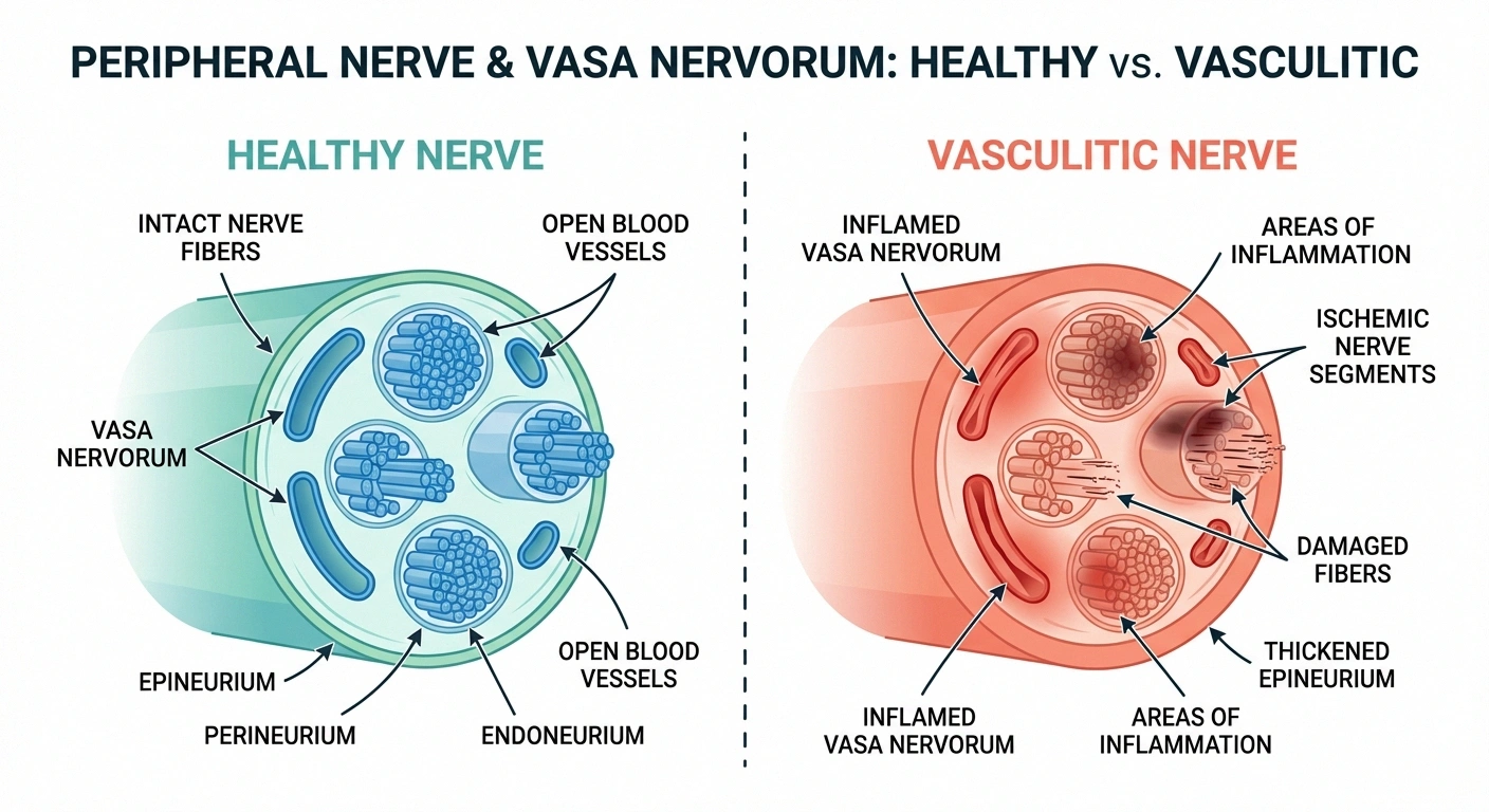 Infographic comparing healthy nerve blood supply versus vasculitic nerve with inflamed blood vessels and ischemic damage