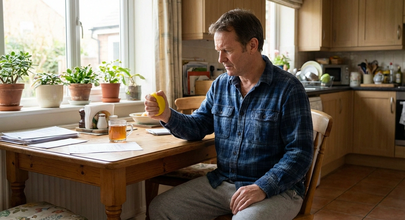 Man performing hand grip rehabilitation exercises at home for vasculitic neuropathy nerve recovery