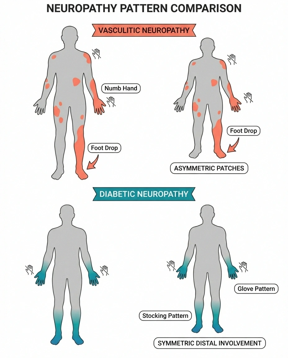 Comparison of vasculitic neuropathy asymmetric nerve damage pattern versus diabetic neuropathy symmetric pattern