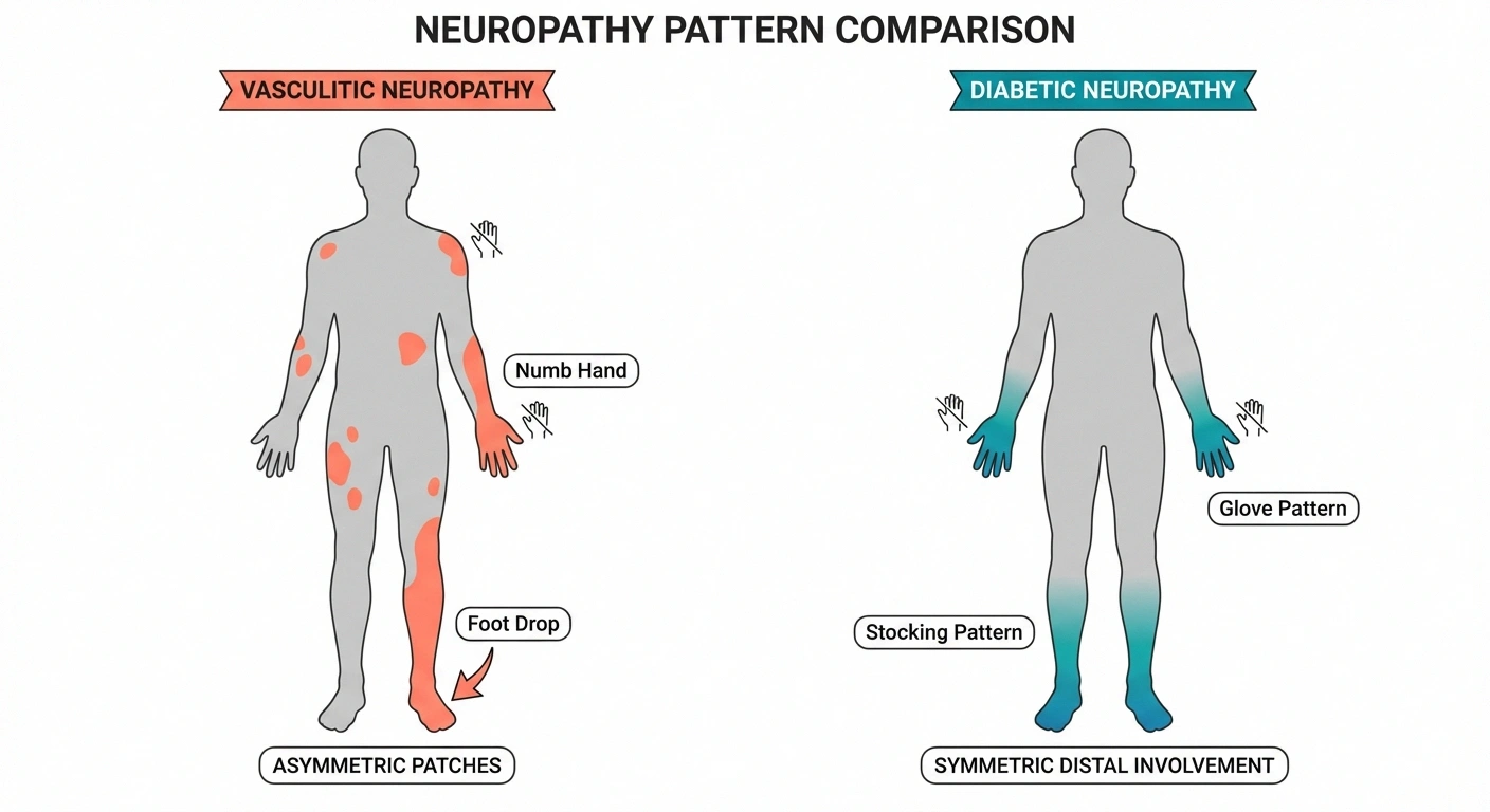 Comparison of vasculitic neuropathy asymmetric nerve damage pattern versus diabetic neuropathy symmetric pattern