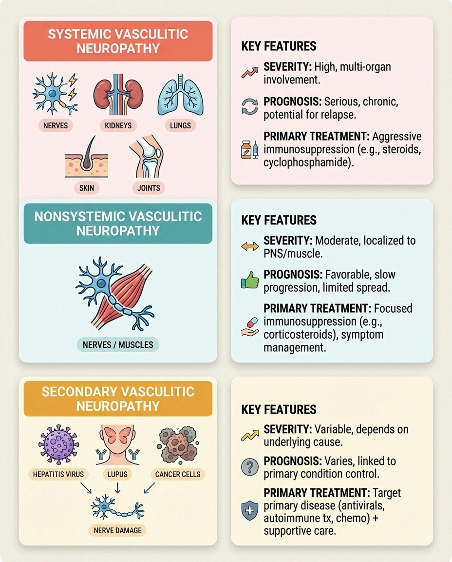 Comparison of three types of vasculitic neuropathy showing which organs are affected and treatment approaches