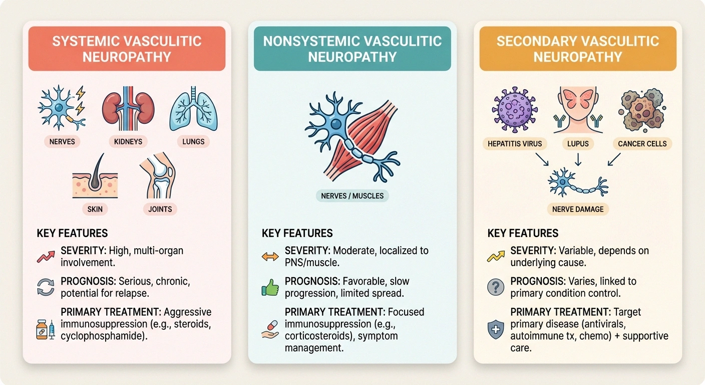 Comparison of three types of vasculitic neuropathy showing which organs are affected and treatment approaches