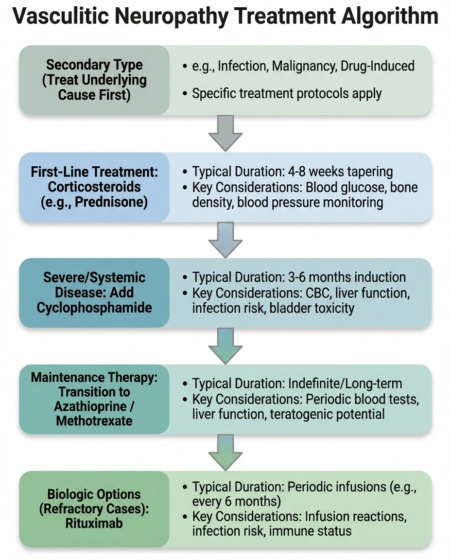 Treatment algorithm for vasculitic neuropathy showing medication progression from corticosteroids to immunosuppressive therapy