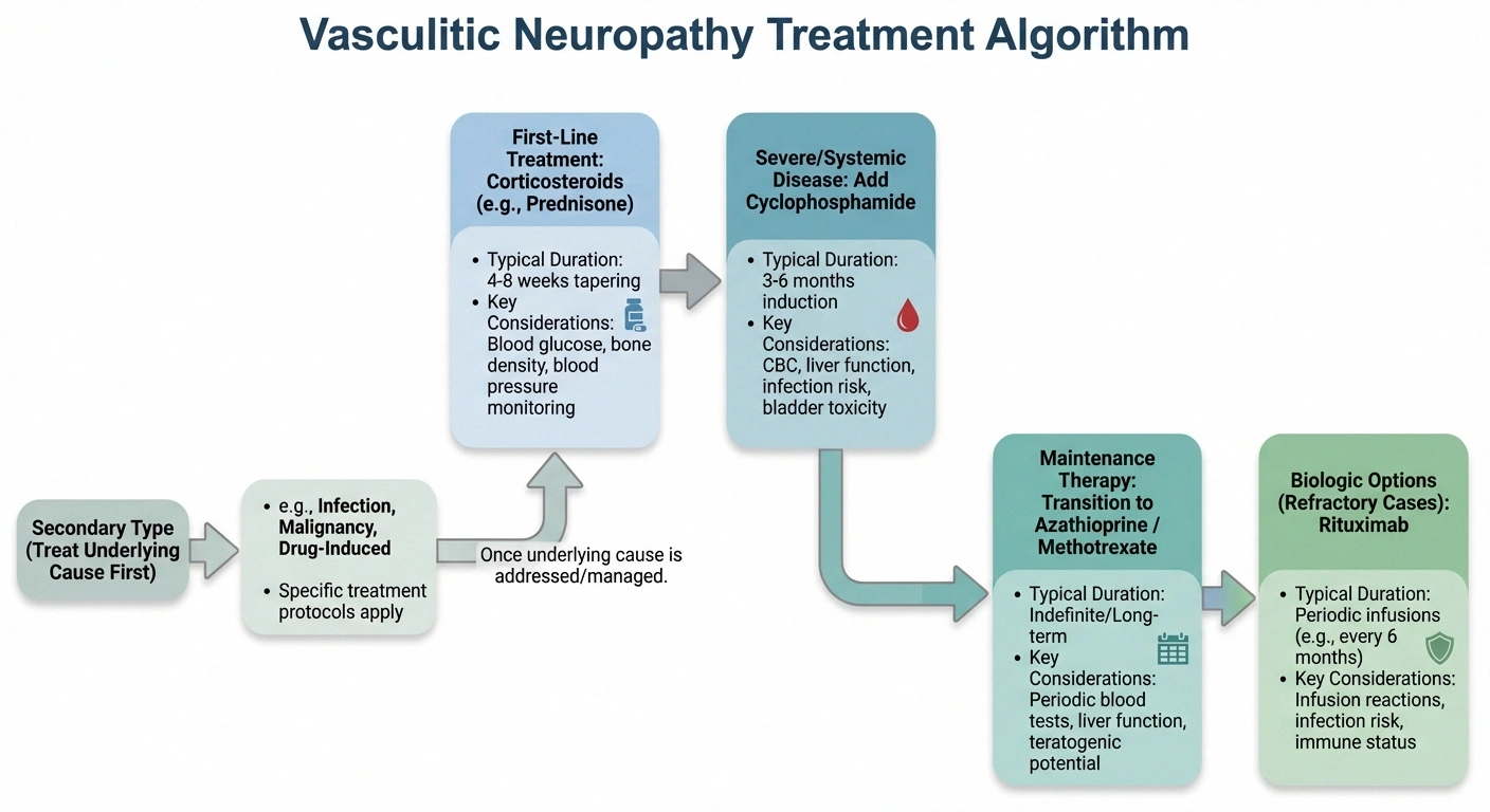 Treatment algorithm for vasculitic neuropathy showing medication progression from corticosteroids to immunosuppressive therapy