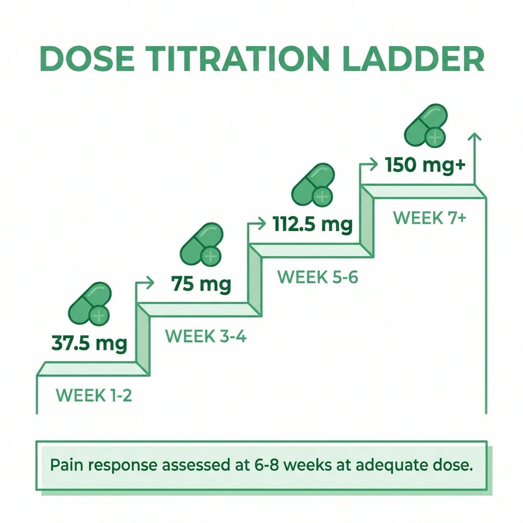 Venlafaxine dose titration schedule for neuropathic pain — from 37.5mg starting dose to 150-225mg therapeutic range