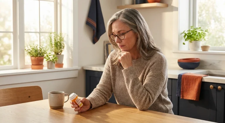 Woman reading medication label for venlafaxine — managing neuropathy pain with an SNRI antidepressant