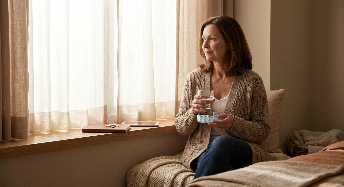 Woman managing morning medication routine with venlafaxine — navigating side effects mindfully