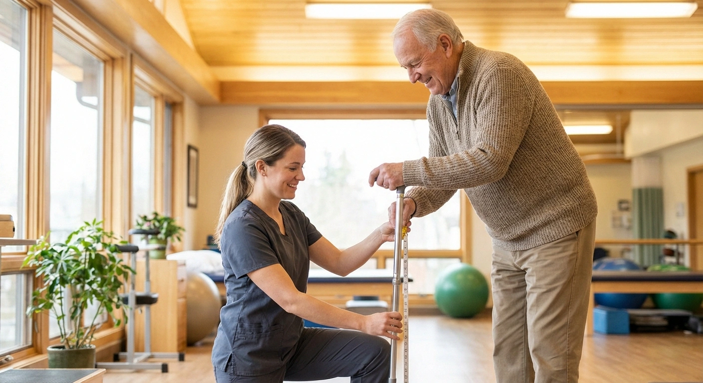 Physical therapist helping a patient properly fit and adjust a walking cane for neuropathy balance support