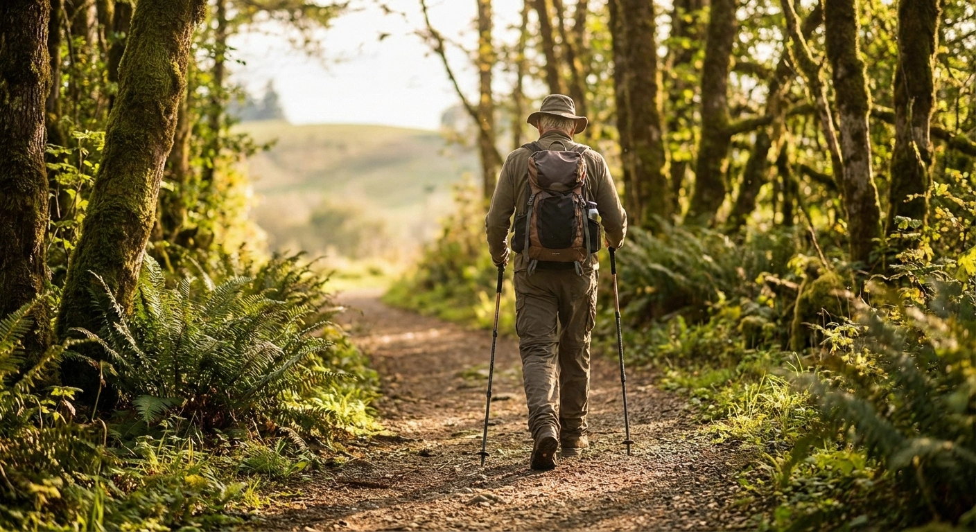 Older adult walking confidently with trekking poles on a nature trail staying active with neuropathy