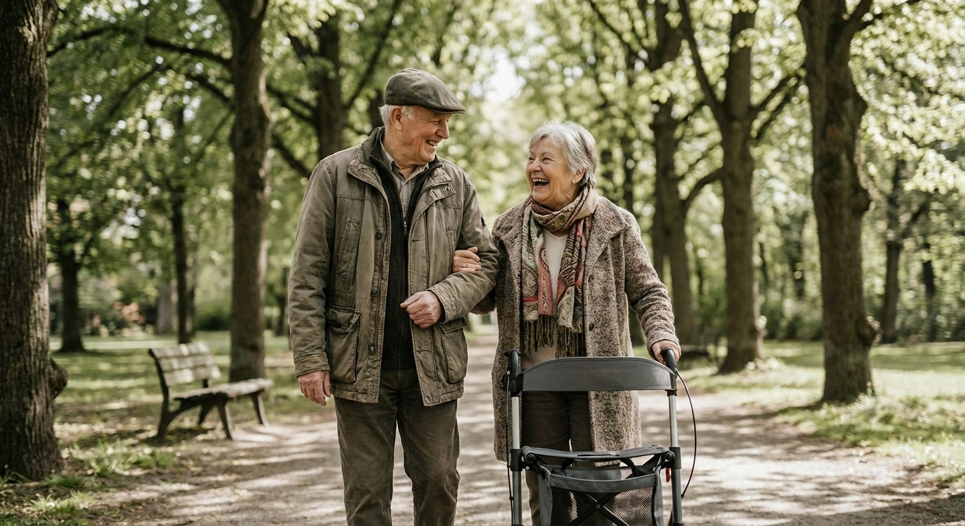 Two friends walking together in a park with one using a rollator for neuropathy support while laughing