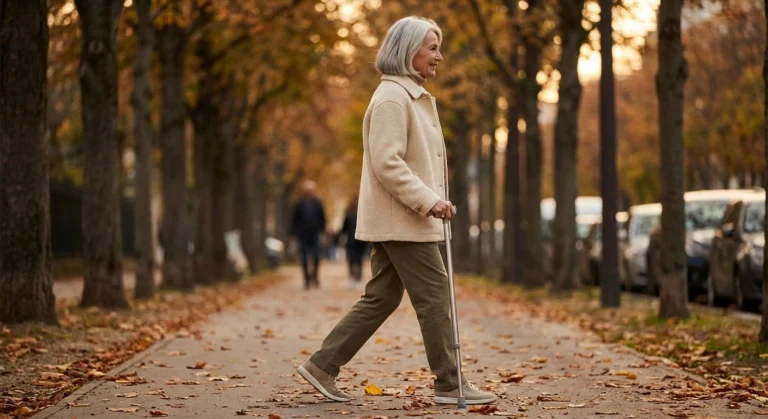 Older adult walking confidently outdoors with a modern cane on a tree-lined sidewalk
