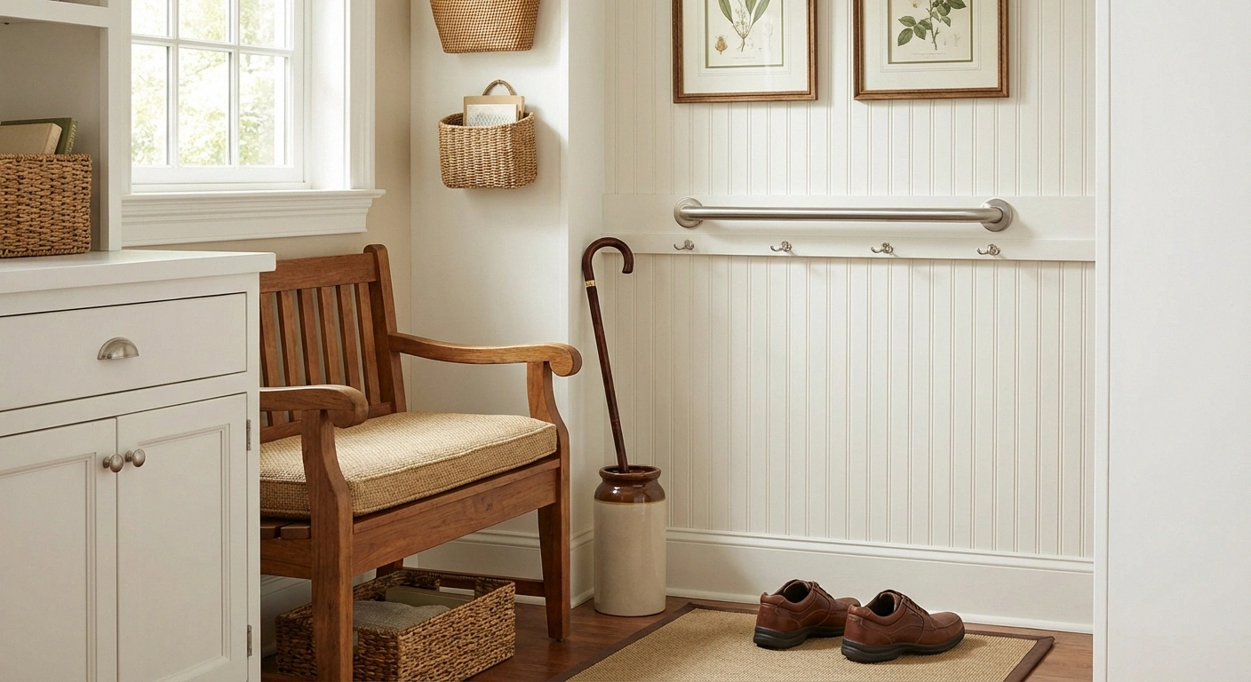 Accessible home entryway with walking cane holder grab bar and supportive shoes for neuropathy safety