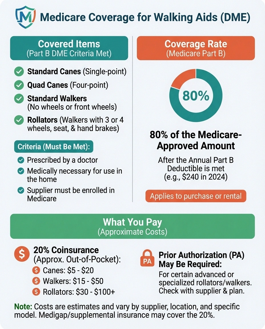 Infographic showing Medicare coverage for walking aids including canes walkers and rollators for neuropathy patients
