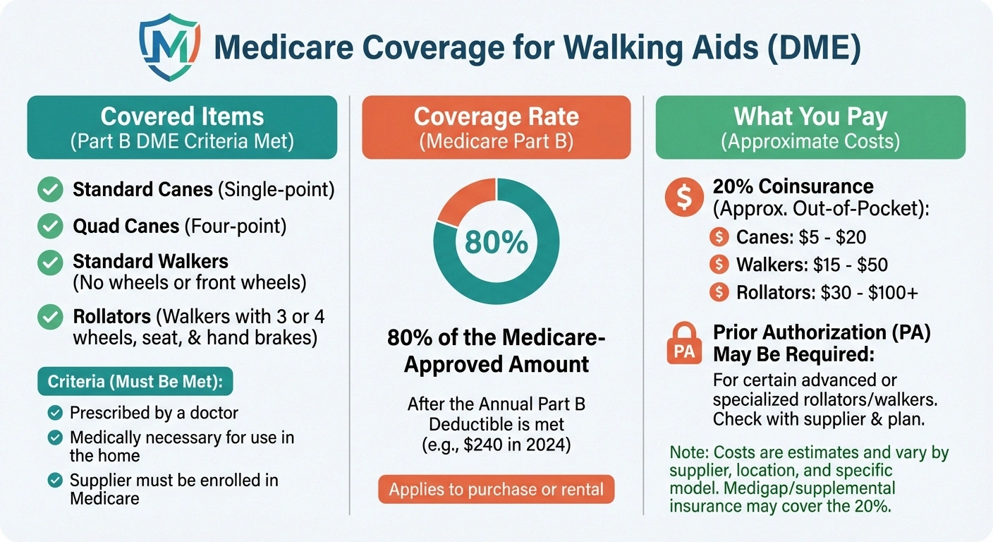 Infographic showing Medicare coverage for walking aids including canes walkers and rollators for neuropathy patients