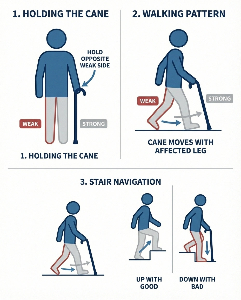 Step-by-step infographic showing proper cane walking technique and stair navigation for neuropathy patients