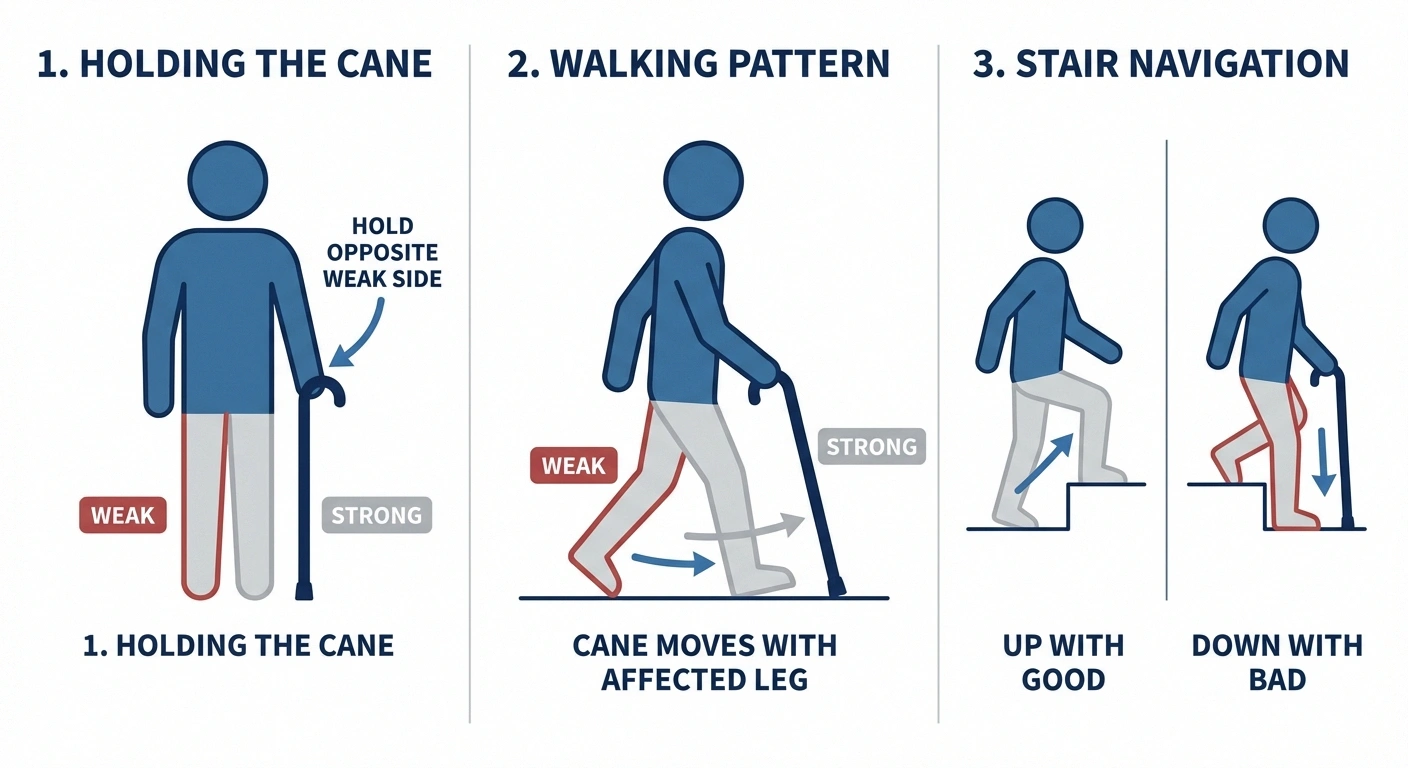 Step-by-step infographic showing proper cane walking technique and stair navigation for neuropathy patients