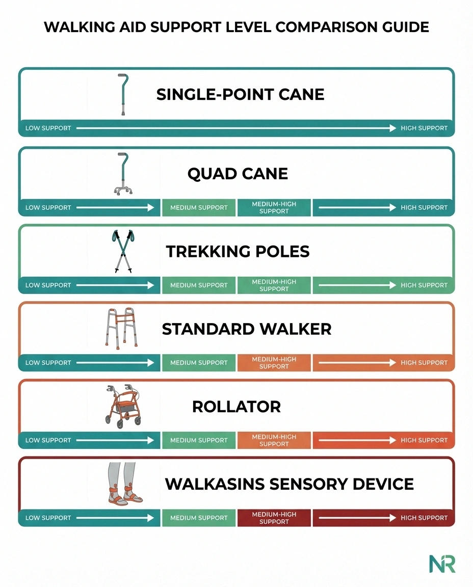 Infographic comparing six types of walking aids for neuropathy from canes to rollators with support levels