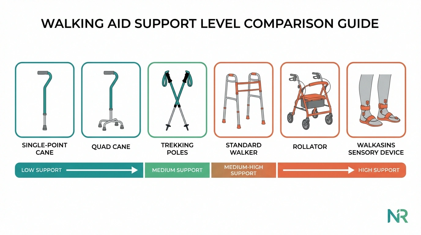 Infographic comparing six types of walking aids for neuropathy from canes to rollators with support levels