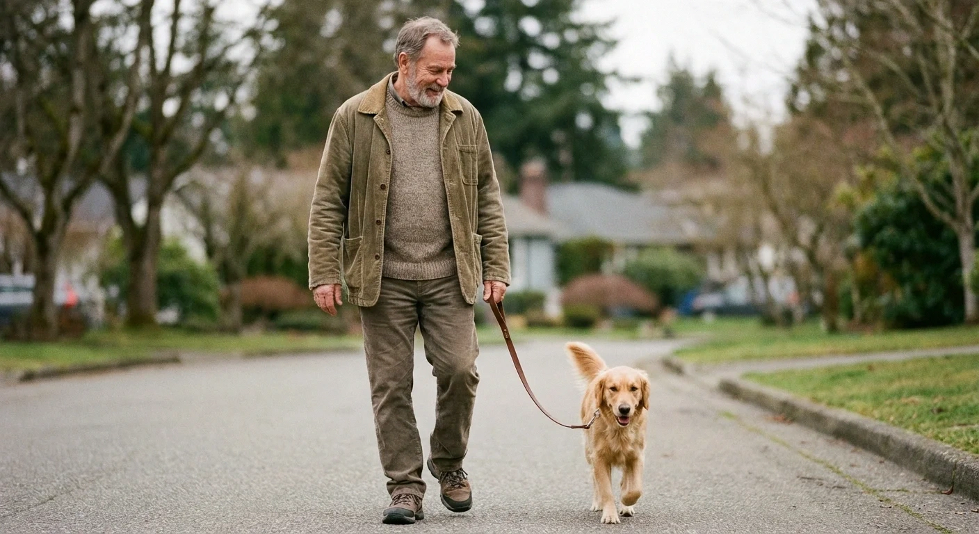 Older man walking a dog on a neighborhood path, showing how pet companionship encourages gentle exercise for neuropathy management