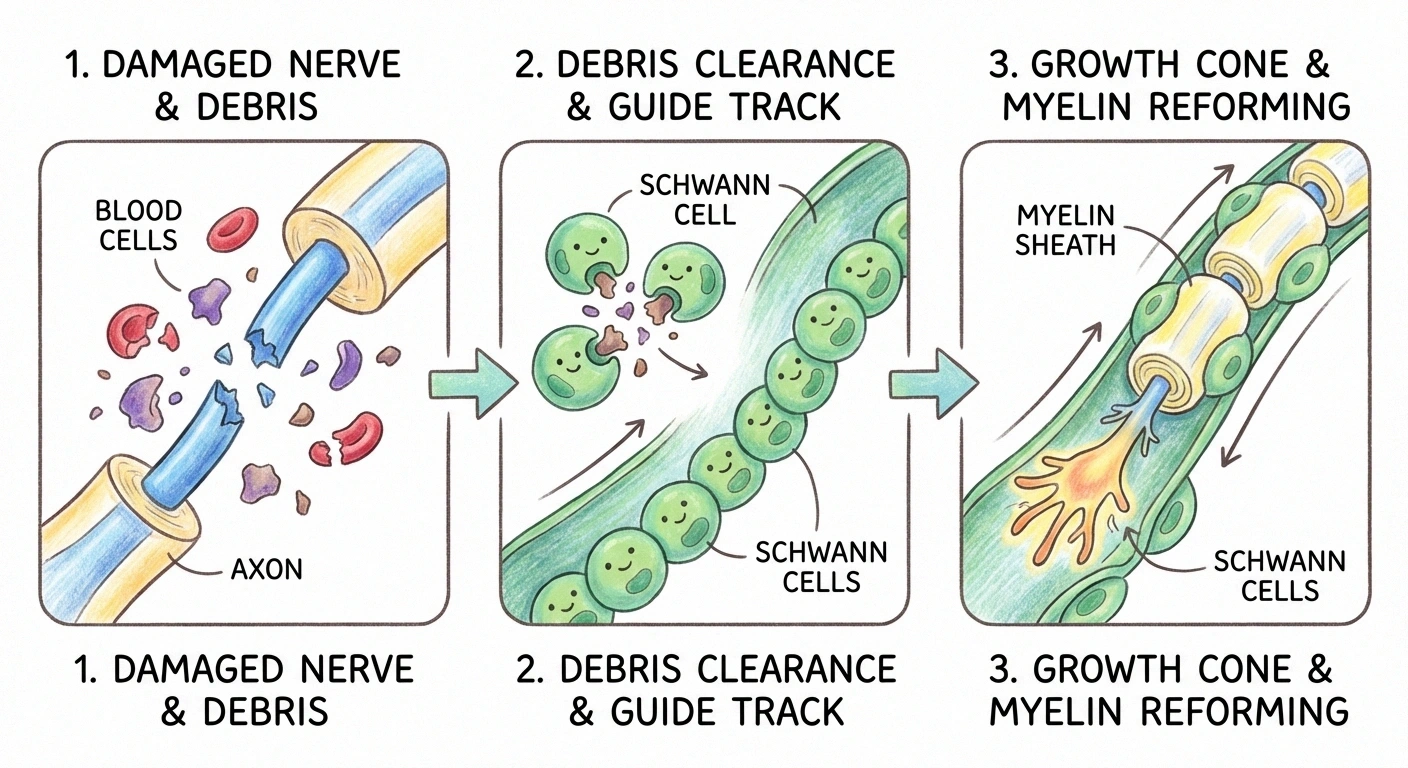 Three-step illustration of the nerve regeneration process showing Wallerian degeneration cleanup, Schwann cell guide track formation, and axon regrowth with remyelination