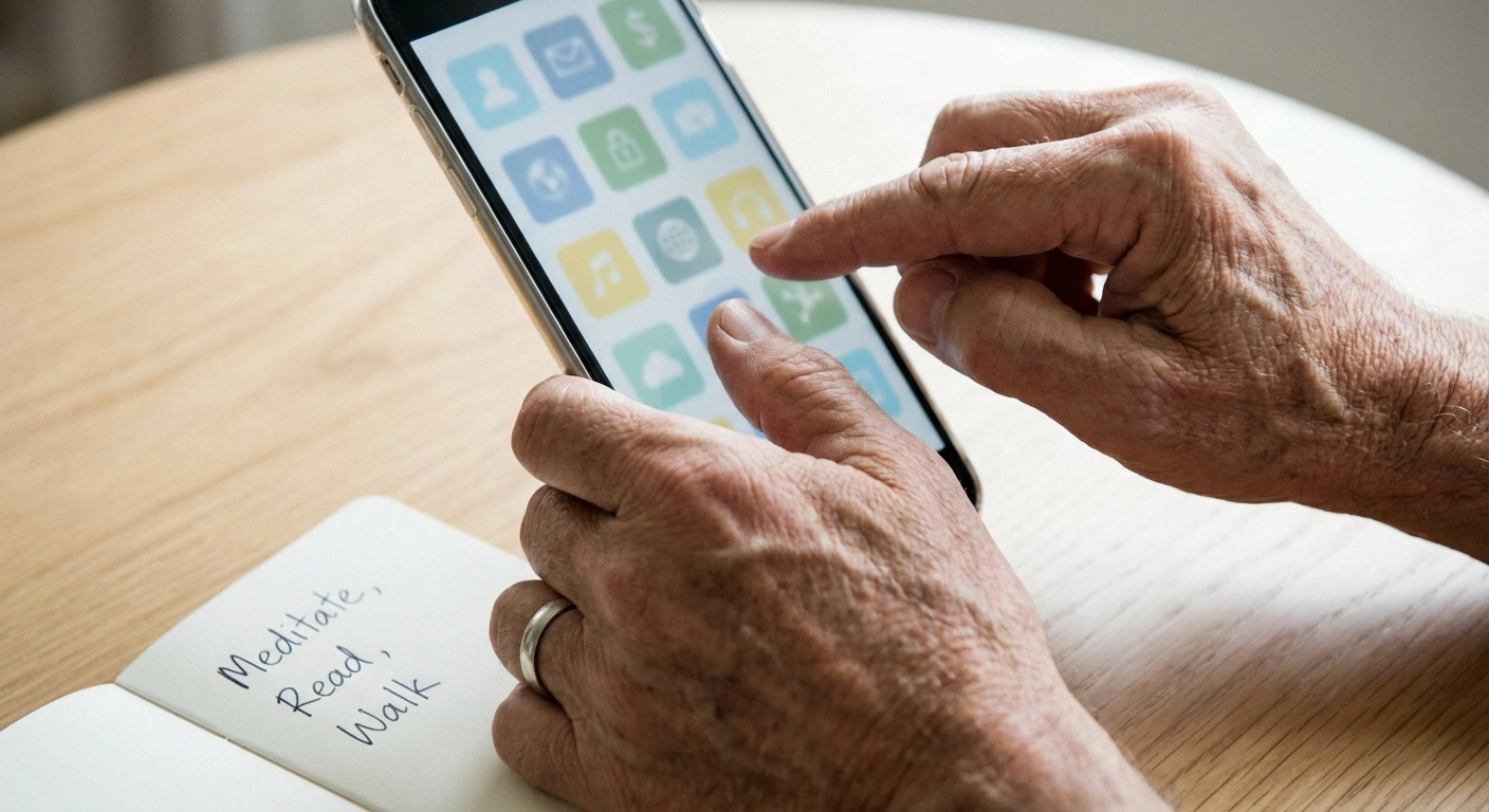 A person choosing a meditation or pain management app on their phone based on their main neuropathy problem.