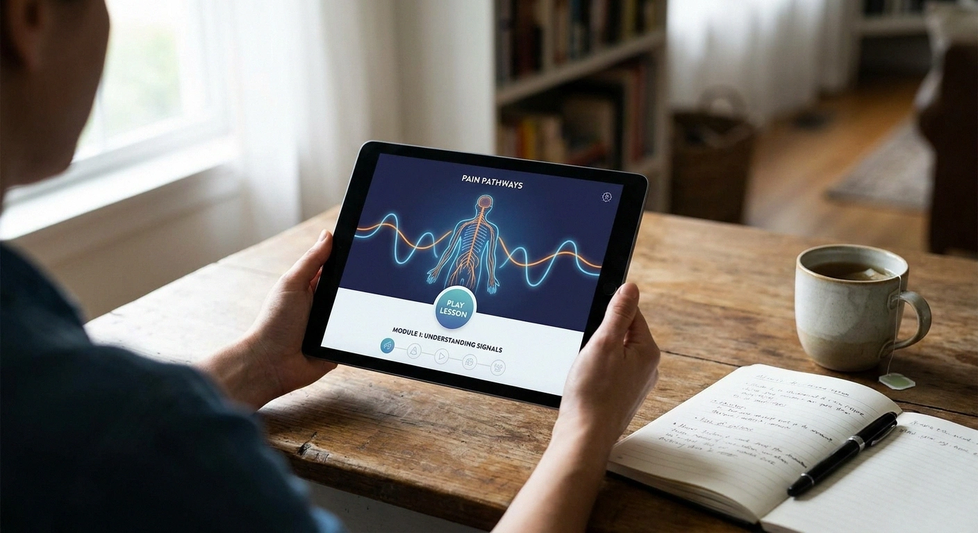 A person learning about how persistent pain works through a pain-education app on a tablet.