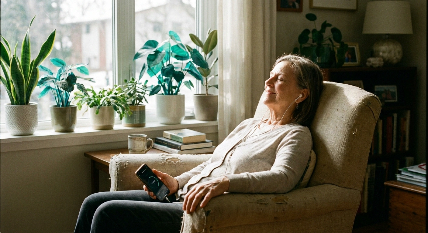 An older adult doing a free guided meditation in an armchair at home using a phone timer app.