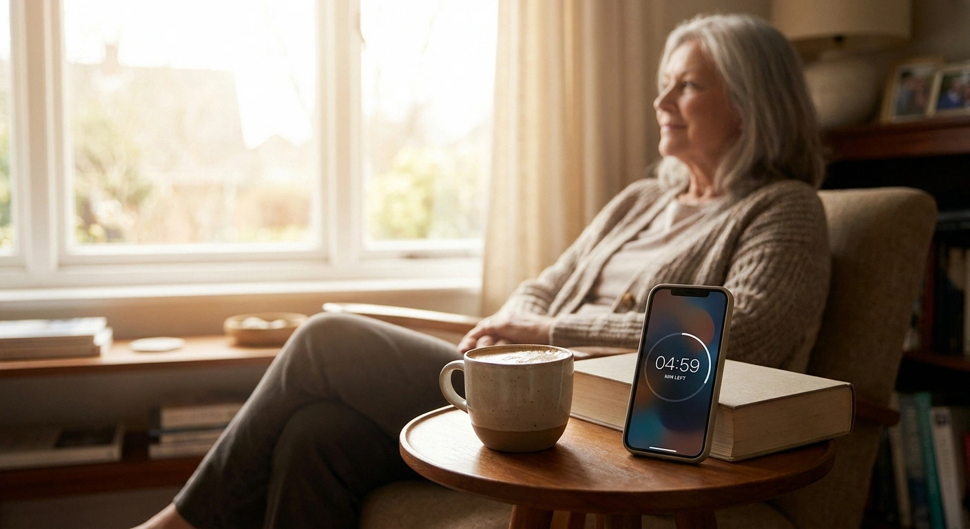 A simple daily meditation ritual with morning coffee, illustrating the habit that makes pain apps work.