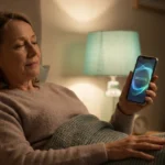 A woman using a meditation app on her phone at night in bed to manage neuropathy nerve pain.