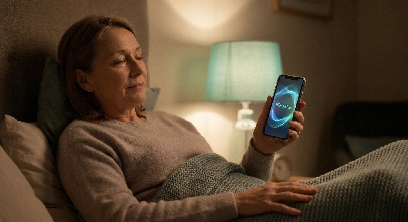 A woman using a meditation app on her phone at night in bed to manage neuropathy nerve pain.