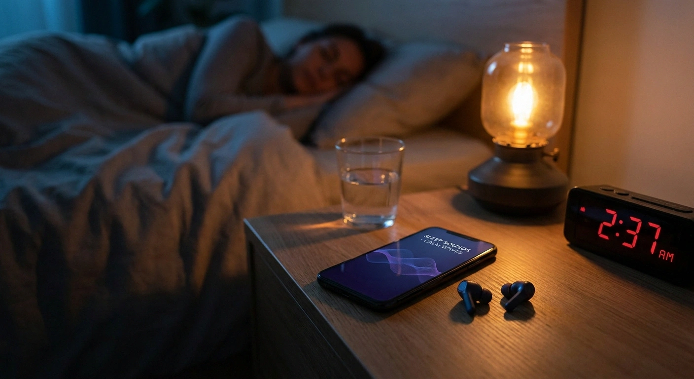 A bedside setup with a phone playing sleep audio to help fall back asleep through neuropathy night pain.