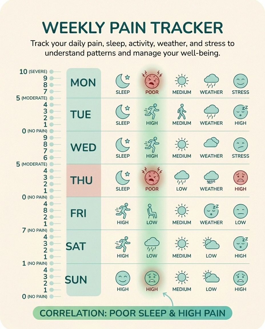 An infographic showing how tracking pain alongside sleep, activity, and stress reveals neuropathy flare patterns.
