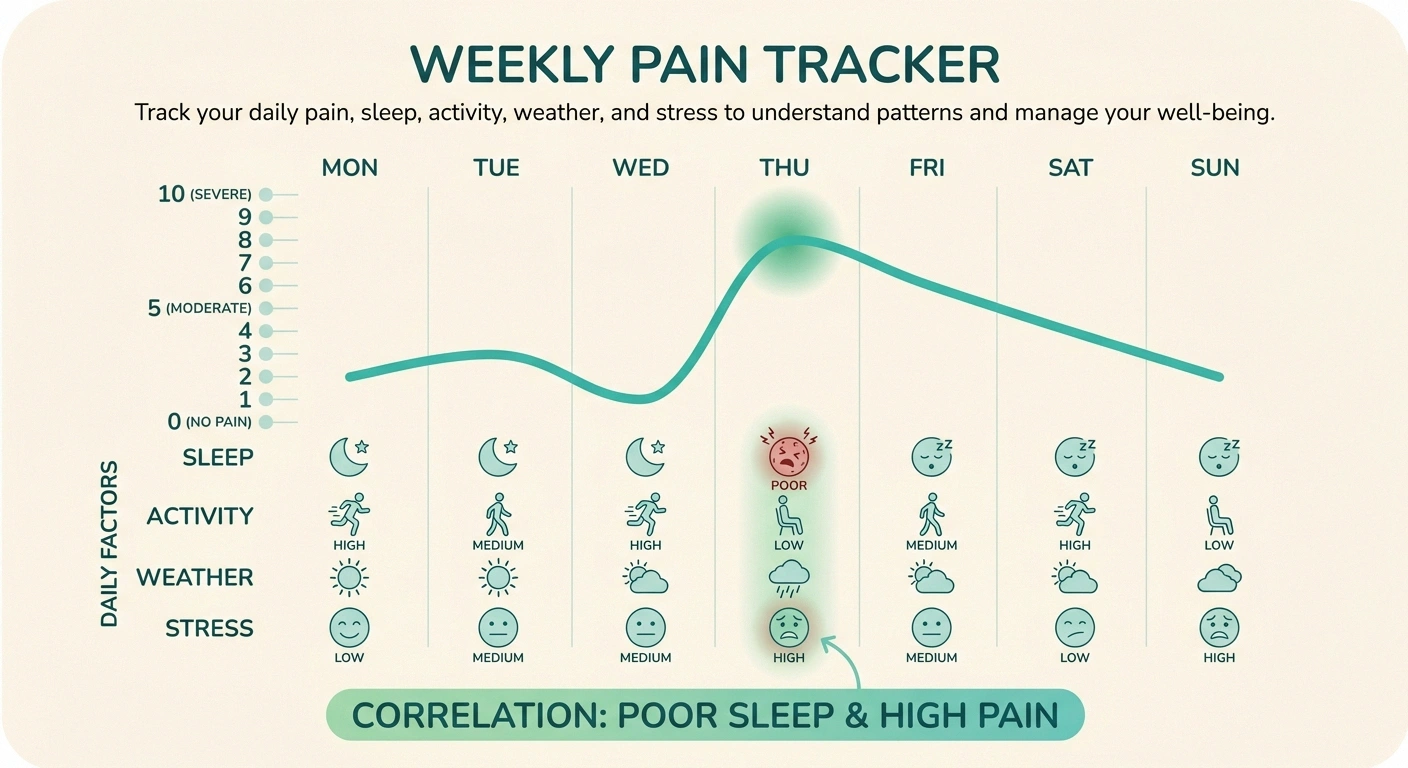 An infographic showing how tracking pain alongside sleep, activity, and stress reveals neuropathy flare patterns.