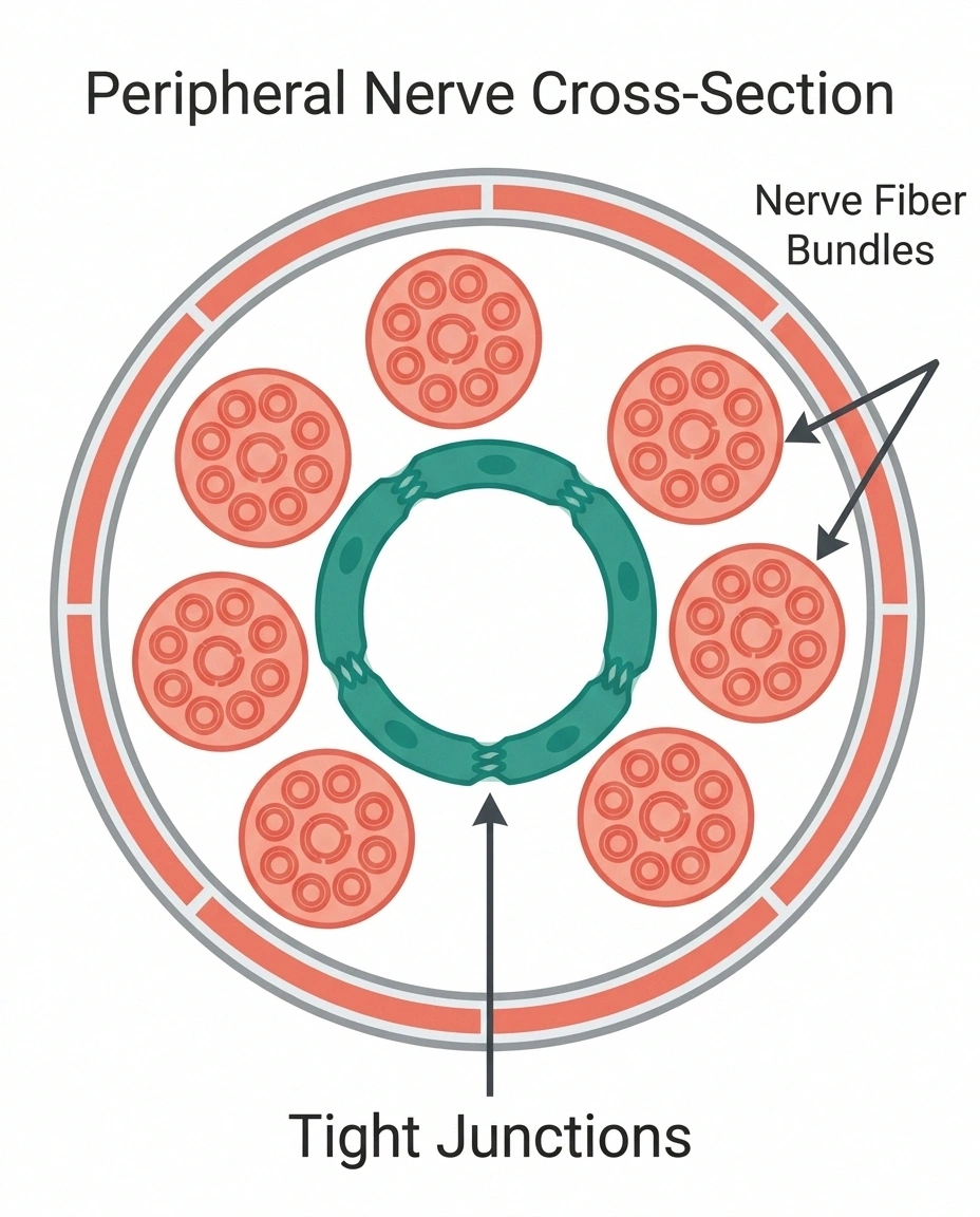 Diagram of blood-nerve barrier architecture — endothelial cells sealed by tight junctions inside an endoneurial microvessel
