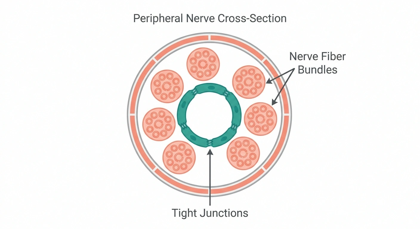 Diagram of blood-nerve barrier architecture — endothelial cells sealed by tight junctions inside an endoneurial microvessel