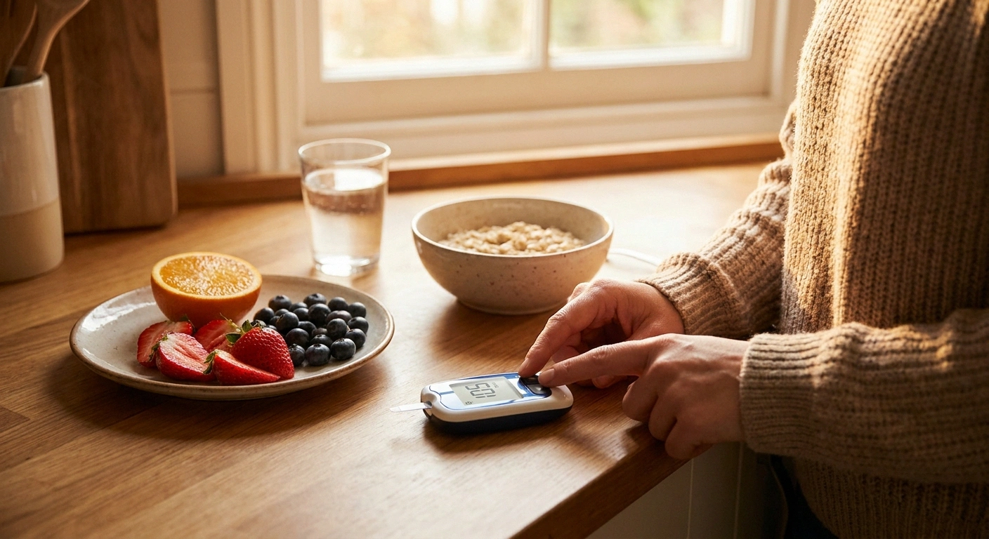 Woman checking blood sugar at breakfast — daily glucose control supports the blood-nerve barrier in diabetic neuropathy