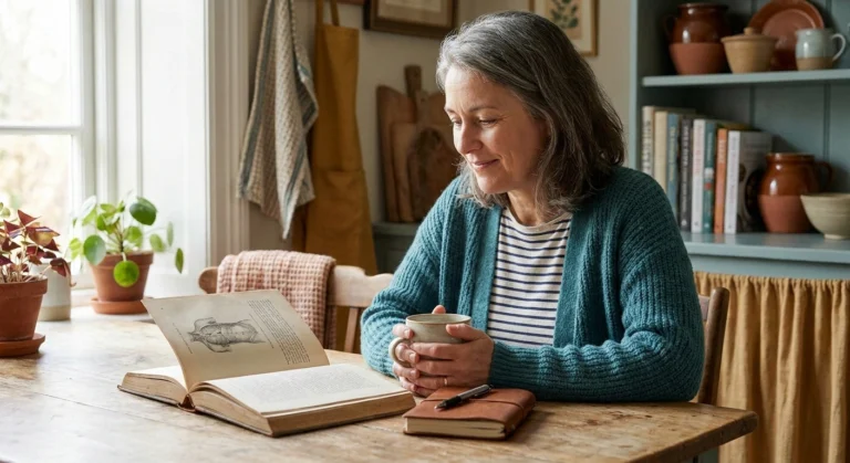 Woman reading about the blood-nerve barrier at her kitchen table — learning the science behind peripheral neuropathy
