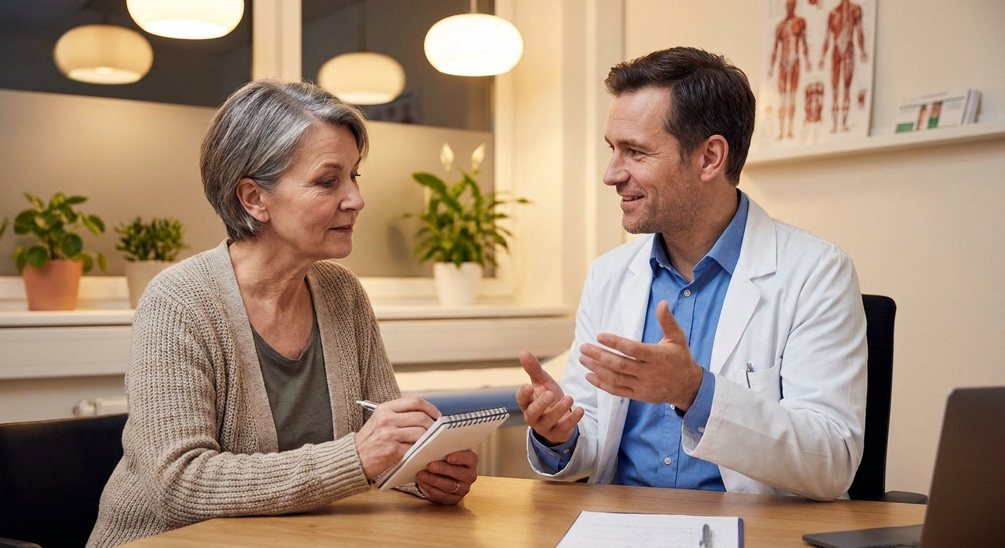 Patient discussing autoimmune neuropathy and treatment options with her neurologist in a clinic exam room