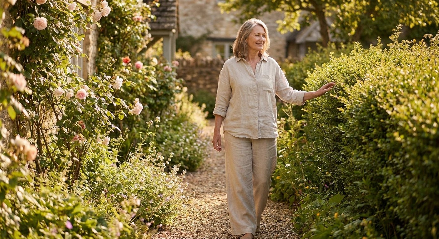 Woman walking through a garden — daily life supported by the body's quiet protective systems including the blood-nerve barrier